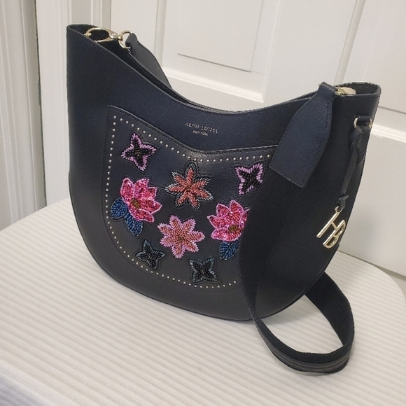 Henri Bendel W57th Black Hobo Large Floral Applique Crossbody Retail … - Picture 1 of 15